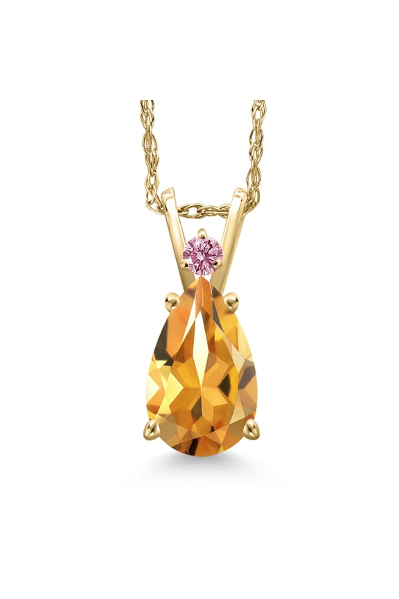 14K Yellow Gold Yellow Citrine and Pink Lab Grown Diamond Pendant Necklace for Women | 1.69 Cttw | Gemstone November Birthstone | Pear Shape 10X7MM | With 18 inch Chain