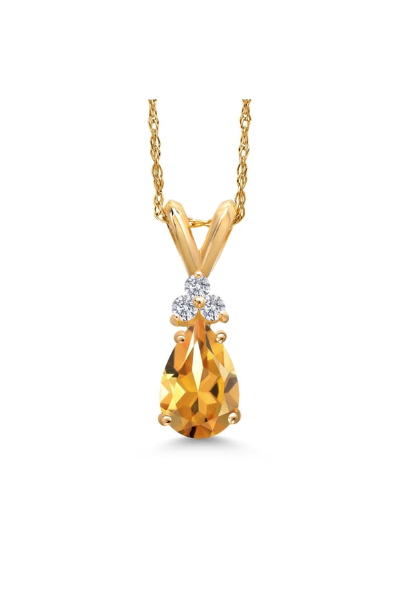 14K Yellow Gold Yellow Citrine and White Lab Grown Diamond Pendant Necklace for Women | 0.79 Cttw | Gemstone November Birthstone | Pear Shape 8X5MM | With 18 inch Chain