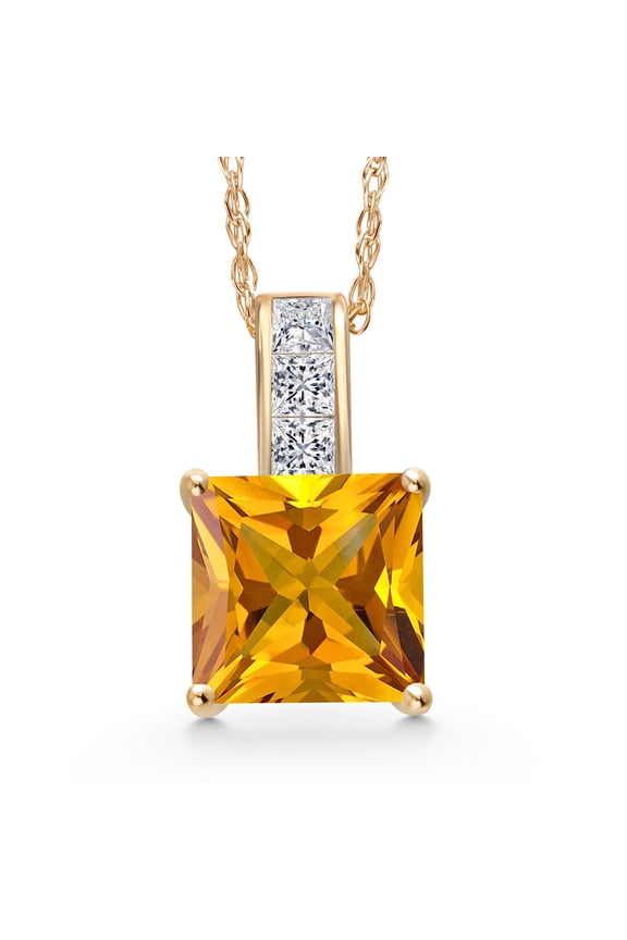 14K Yellow Gold Yellow Citrine and White Lab Grown Diamond Pendant Necklace for Women | 1.15 Cttw | Gemstone November Birthstone | Princess 6MM | With 18 inch Chain