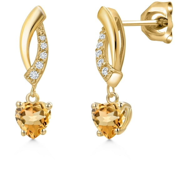 Gem Stone King 14K Yellow Gold Yellow Citrine and Lab Grown Diamond Earrings for Women | 0.97 Cttw | Gemstone November Birthstone | Heart Shape 5MM