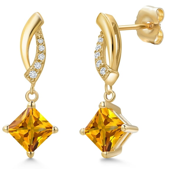 Gem Stone King 14K Yellow Gold Yellow Citrine and Lab Grown Diamond Earrings for Women | 1.25 Cttw | Gemstone November Birthstone | Princess 5MM