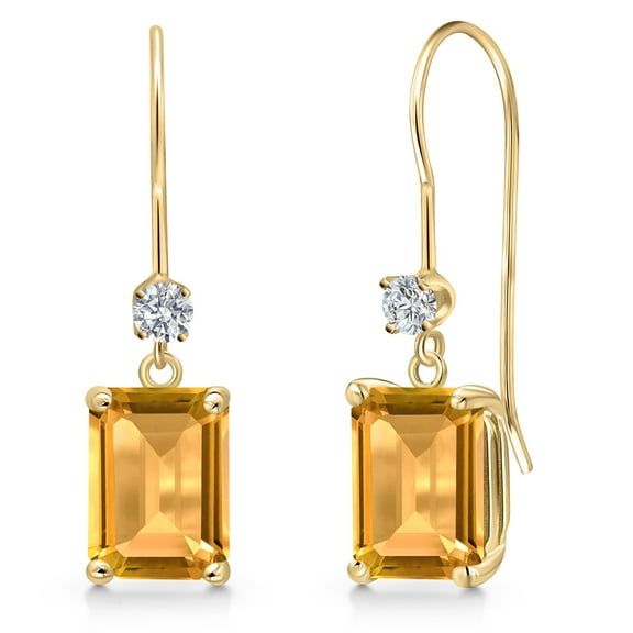 Gem Stone King 14K Yellow Gold Yellow Citrine and Lab Grown Diamond Earrings for Women | 3.43 Cttw | Gemstone November Birthstone | Emerald Cut 8X6MM