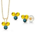 thumbnail image 1 of Gem Stone King 14K Yellow Gold Yellow Sapphire and Blue Diamond 3 Stone Pendant and Earrings Jewelry Set for Women (1.10 Cttw, Round 3MM, with 18 inch Chain), 1 of 3