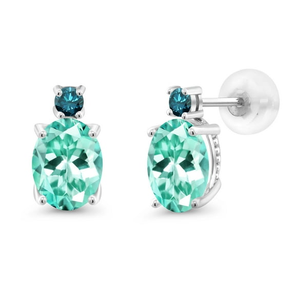 Gem Stone King 14k White Gold Blue Apatite and Blue Diamond Earrings for Women (2.51Cttw, Gemstone, Oval 8X6MM, Round 2.5MM)
