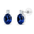 thumbnail image 1 of Gem Stone King 14k White Gold Blue Created Sapphire Earrings for Women (3.3Cttw, GemstoneSeptember Birthstone, Oval 8X6MM, Round 2.5MM), 1 of 5