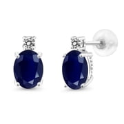 Gem Stone King 14k White Gold Blue Sapphire and White Diamond Earrings for Women 3.71Cttw, GemstoneSeptember Birthstone, Oval 8X6MM, Round 2.5MM