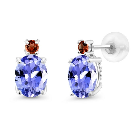 Gem Stone King 14k White Gold Blue Tanzanite and Red Garnet Earrings for Women (2.5Cttw, GemstoneDecember Birthstone, Oval 8X6MM, Round 2.5MM)