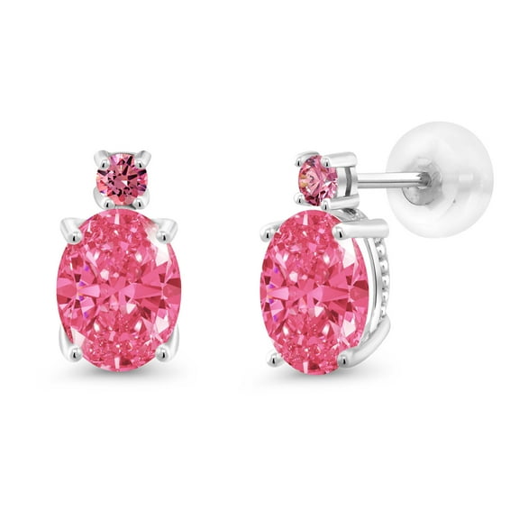 Gem Stone King 14k White Gold Fancy Pink Zirconia Earrings for Women (2.52Cttw, Gemstone, Oval 8X6MM, Round 2.5MM)