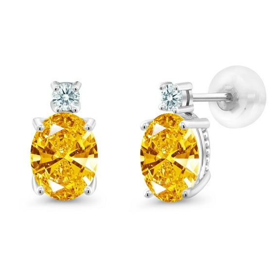 Gem Stone King 14k White Gold Golden Yellow and White Zirconia Earrings for Women (2.52Cttw, Gemstone, Oval 8X6MM, Round 2.5MM)