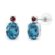 Gem Stone King 14k White Gold London Blue Topaz and Red Rhodolite Garnet Earrings for Women 2.78Cttw, GemstoneNovember Birthstone, Oval 8X6MM, Round 2.5MM