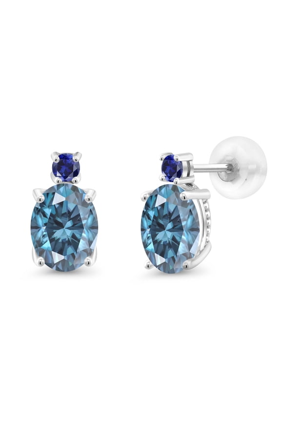 14k White Gold Persian Blue Moissanite and Blue Created Sapphire Earrings for Women (2.86Cttw, Gemstone, Oval 8X6MM, Round 2.5MM)