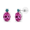 thumbnail image 1 of Gem Stone King 14k White Gold Pink Created Sapphire and Blue Diamond Earrings for Women (3.43Cttw, GemstoneSeptember Birthstone, Oval 8X6MM, Round 2.5MM), 1 of 5