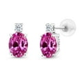 thumbnail image 1 of Gem Stone King 14k White Gold Pink Created Sapphire and White Topaz Earrings for Women (3.46Cttw, GemstoneSeptember Birthstone, Oval 8X6MM, Round 2.5MM), 1 of 5