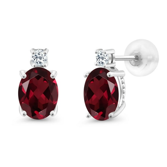 Gem Stone King 14k White Gold Red Rhodolite Garnet and White Topaz Earrings for Women (2.86Cttw, GemstoneJanuary Birthstone, Oval 8X6MM, Round 2.5MM)