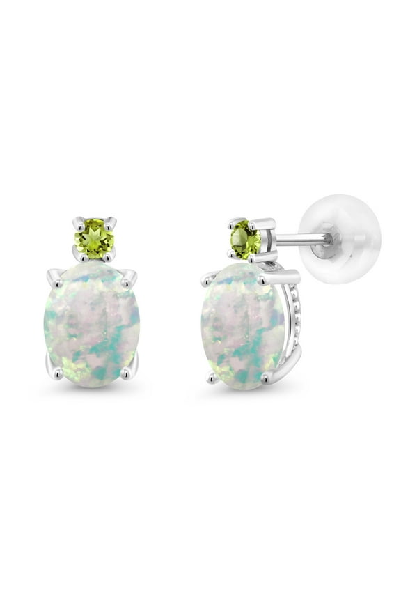 14k White Gold Simulated White Opal and Green Peridot Earrings for Women (2.24Cttw, GemstoneOctober Birthstone, Oval Cabochon 8X6MM, Round 2.5MM)