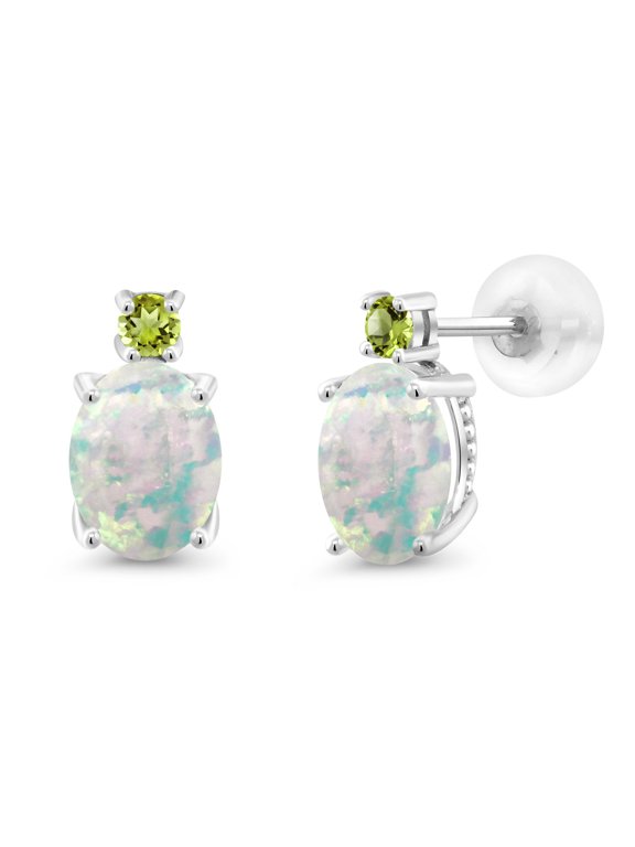 14k White Gold Simulated White Opal and Green Peridot Earrings for Women (2.24Cttw, GemstoneOctober Birthstone, Oval Cabochon 8X6MM, Round 2.5MM)