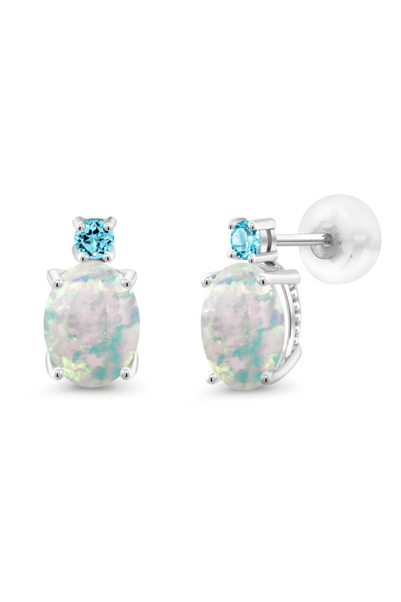 14k White Gold Simulated White Opal and Swiss Blue Topaz Earrings for Women | 2.26Cttw | Gemstone October Birthstone | Oval Cabochon 8X6MM | Round 2.5MM