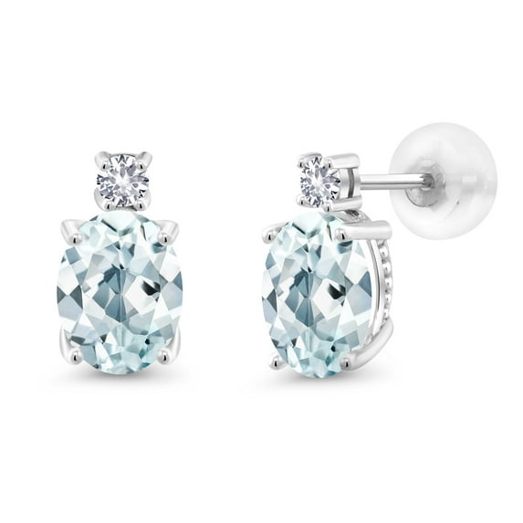 Gem Stone King 14k White Gold Sky Blue Aquamarine and White Created Sapphire Earrings for Women (2.3Cttw, GemstoneMarch Birthstone, Oval 8X6MM, Round 2.5MM)