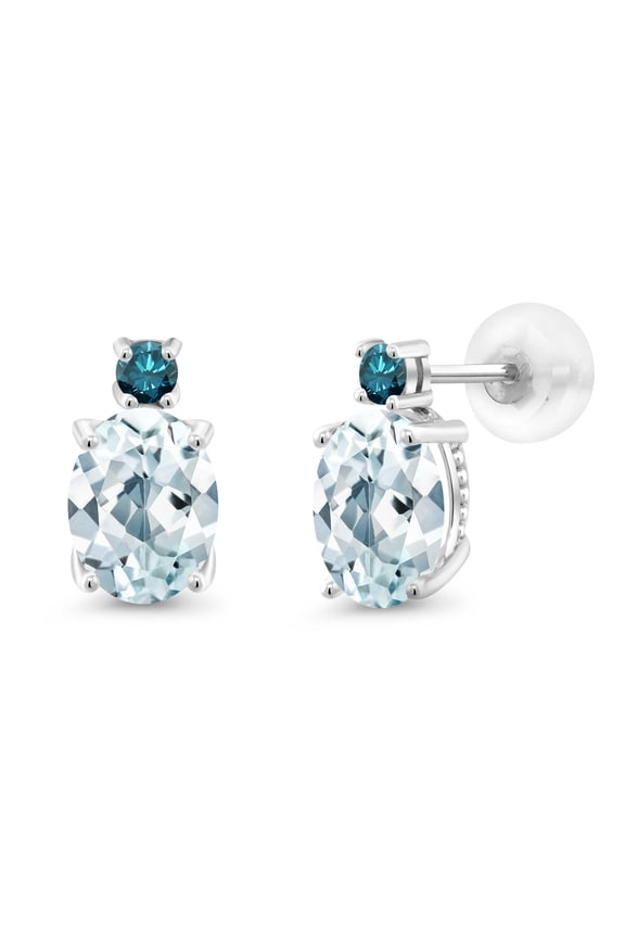 14k White Gold Sky Blue Aquamarine and Blue Diamond Earrings for Women (2.33Cttw, GemstoneMarch Birthstone, Oval 8X6MM, Round 2.5MM)