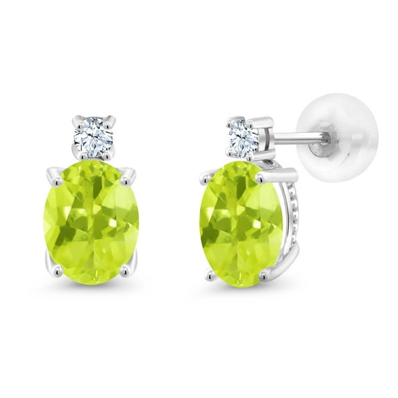Gem Stone King 14k White Gold Yellow Lemon Quartz and White Created Sapphire Earrings for Women (2.3Cttw, Gemstone, Oval 8X6MM, Round 2.5MM)