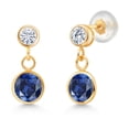 thumbnail image 1 of Gem Stone King 14k Yellow Gold Blue Created Sapphire and White Moissanite Two Stone Dangle Earrings for Women (2.20 Cttw, Gemstone September Birthstone, Round 6MM, Round 3MM), 1 of 4