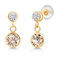 thumbnail image 1 of Gem Stone King 14k Yellow Gold Peach Morganite and White Moissanite Two Stone Dangle Earrings for Women (1.40 Cttw, Gemstone October Birthstone, Round 6MM, Round 3MM), 1 of 4