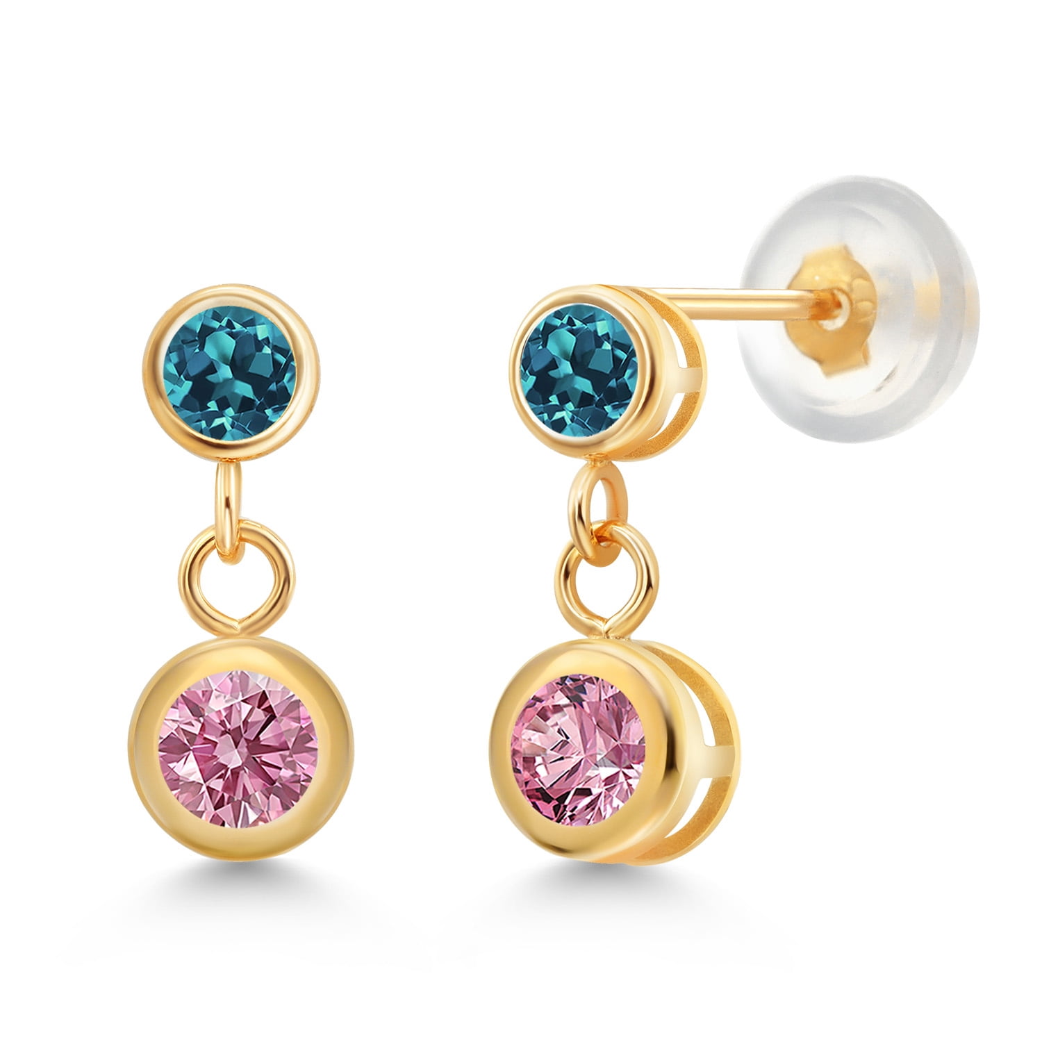 Gem Stone King 14k Yellow Gold Pink Lab Grown Diamond and London Blue Topaz Two Stone Dangle Earrings for Women (0.76 Cttw, Gemstone April Birthstone, Round 4MM, Round 3MM)