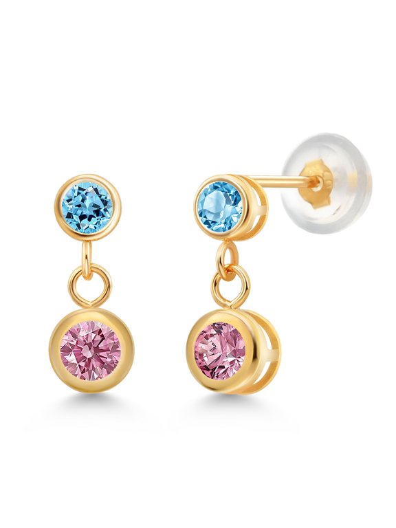14k Yellow Gold Pink Lab Grown Diamond and Swiss Blue Topaz Two Stone Dangle Earrings for Women (0.80 Cttw, Gemstone April Birthstone, Round 4MM, Round 3MM)