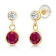 thumbnail image 1 of Gem Stone King 14k Yellow Gold Red Created Ruby and White Topaz Two Stone Dangle Earrings for Women (2.28 Cttw, Gemstone July Birthstone, Round 6MM, Round 3MM), 1 of 4