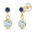 thumbnail image 1 of Gem Stone King 14k Yellow Gold Sky Blue Aquamarine and Blue Created Sapphire Two Stone Dangle Earrings for Women (1.78 Cttw, Gemstone March Birthstone, Round 6MM, Round 3MM), 1 of 4