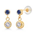 thumbnail image 1 of Gem Stone King 14k Yellow Gold White Created Sapphire and Blue Created Sapphire Two Stone Dangle Earrings for Women (0.78 Cttw, Gemstone September Birthstone, Round 4MM, Round 3MM), 1 of 4