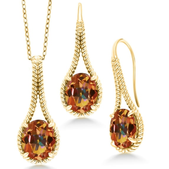 Gem Stone King 15.00 Ct Ecstasy Mystic Topaz 18K Yellow Gold Plated Silver Pendant and Earrings Jewelry Set With Chain