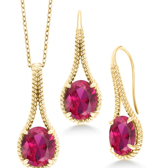 Gem Stone King 15.00 Ct Red Created Ruby 18K Yellow Gold Plated Silver Pendant and Earrings Jewelry Set With Chain