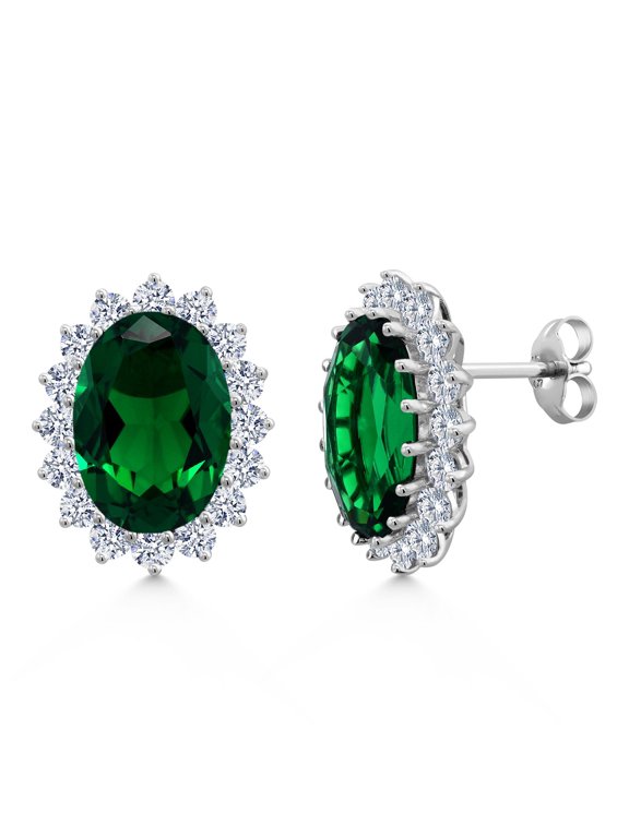15.00 Cttw Blue Simulated Sapphire or Green Simulated Emerald or Red Created Ruby Halo Earrings for Women in 925 Sterling Silver | Oval 14X10MM