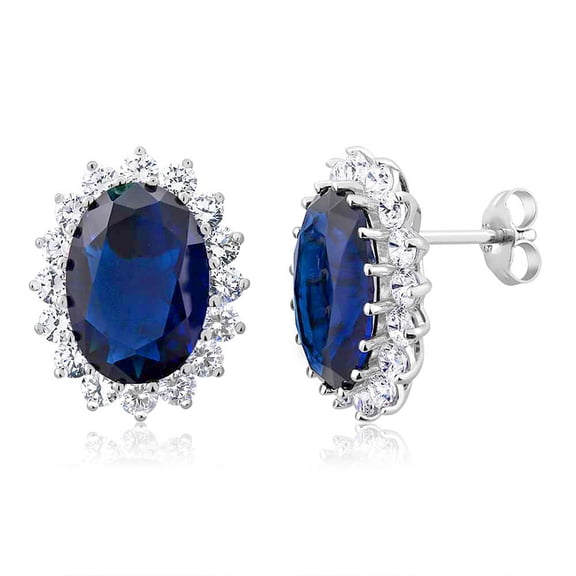 Gem Stone King 15.00 Cttw Blue Simulated Sapphire or Green Simulated Emerald or Red Created Ruby Halo Earrings for Women in 925 Sterling Silver | Oval 14X10MM