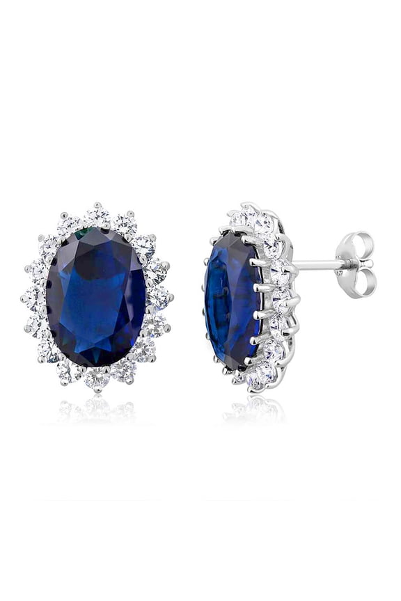 15.00 Cttw Blue Simulated Sapphire or Green Simulated Emerald or Red Created Ruby Halo Earrings for Women in 925 Sterling Silver | Oval 14X10MM