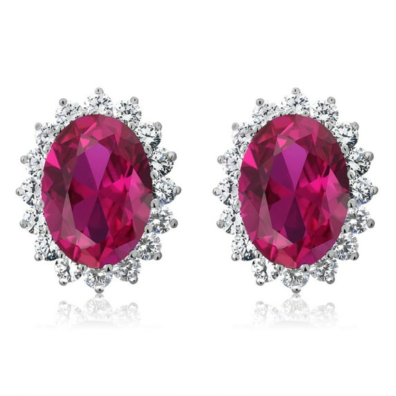 Gem Stone King 15.00 Cttw Blue Simulated Sapphire or Green Simulated Emerald or Red Created Ruby Halo Earrings for Women in 925 Sterling Silver | Oval 14X10MM