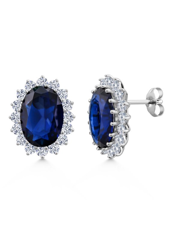 15.00 Cttw Blue Simulated Sapphire or Green Simulated Emerald or Red Created Ruby Halo Earrings for Women in 925 Sterling Silver | Oval 14X10MM