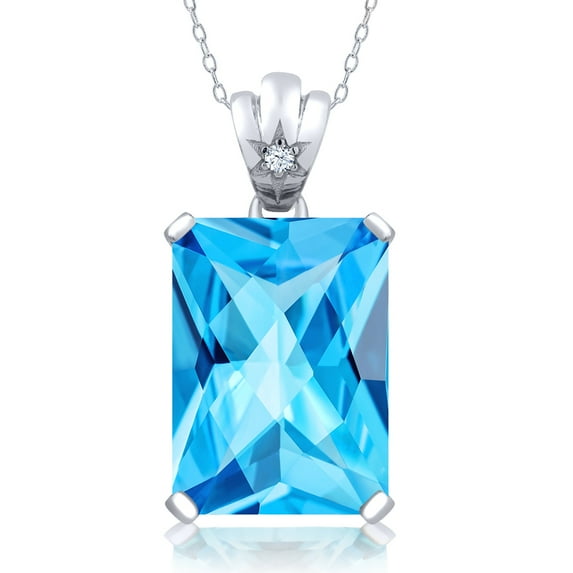 Gem Stone King 15.03 Ct Octagon Checkerboard Swiss Blue Topaz White Topaz 925 Sterling Silver Pendant with Chain