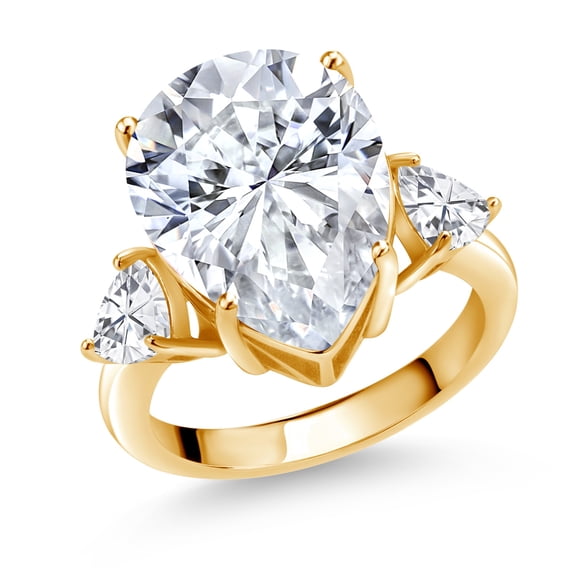 Gem Stone King 15.14 Ct Pear Shape White Zirconia 18K Yellow Gold Plated Silver Ring (Size 9)