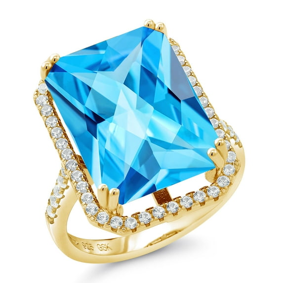 Gem Stone King 15.50 Ct Octagon Checkerboard Swiss Blue Topaz 18K Yellow Gold Plated Silver Ring