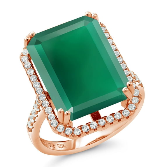 Gem Stone King 16.14 Ct Emerald Cut 18x13mm Green Onyx 18K Rose Gold Plated Silver Ring