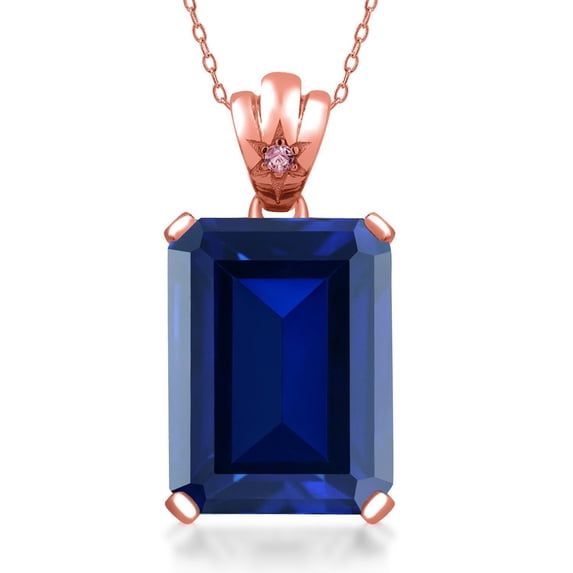 Gem Stone King 17.53 Ct Blue Created Sapphire Pink Lab Grown Diamond 18K Rose Gold Plated Silver Pendant