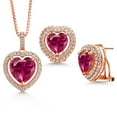 thumbnail image 1 of Gem Stone King 17.93 Ct Red Created Ruby 18K Rose Gold Plated Silver Pendant with Chain Earrings Set, 1 of 3