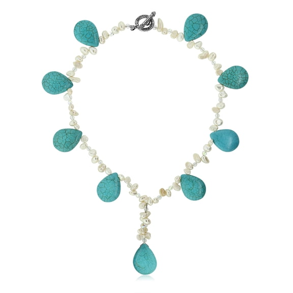 Gem Stone King 18 inches Drop Simulated Turquoise Howlite and Cultured Freshwater Pearl Necklace for Women with Toggle Clasp