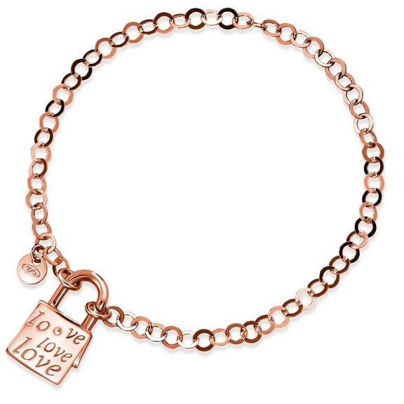 Gem Stone King 18K Gold Plated Silver Love Lock Link Chain Bracelet for Women | 7 inch | With Security Clasp | Made in Italy