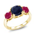 thumbnail image 1 of Gem Stone King 18K Yellow Gold Plated Silver Blue Sapphire and Red Ruby 3 Stone Engagement Ring for Women (3.92 Cttw, Gemstone September Birthstone, Cushion 8MM, Size 9), 1 of 5
