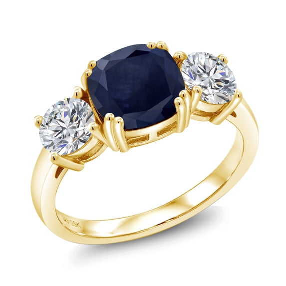 Gem Stone King 18K Yellow Gold Plated Silver Blue Sapphire and White Lab Grown Diamond 3 Stone Engagement Ring for Women (3.82 Cttw, Gemstone September Birthstone, Cushion 8MM, Size 8)