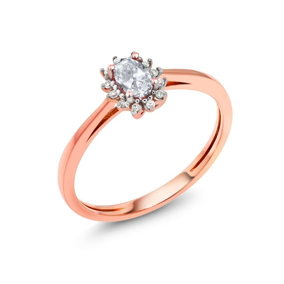 Gem Stone King 18K Rose Gold Oval White Topaz and White Diamond Engagement Ring for Women | 0.35 Cttw | Oval 5X3MM | Gemstone Birthstone | Available in Size 5, 6, 7, 8, 9