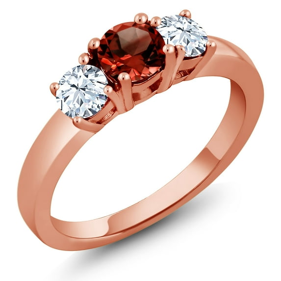 Gem Stone King 18K Rose Gold Plated Silver 1.00 Ct Round Red Garnet 3-Stone Ring (Size 9)